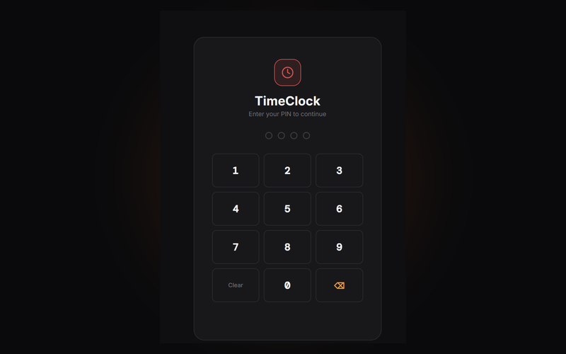 Ramos Elite Fitness TimeClock app PIN entry screen for employee time tracking